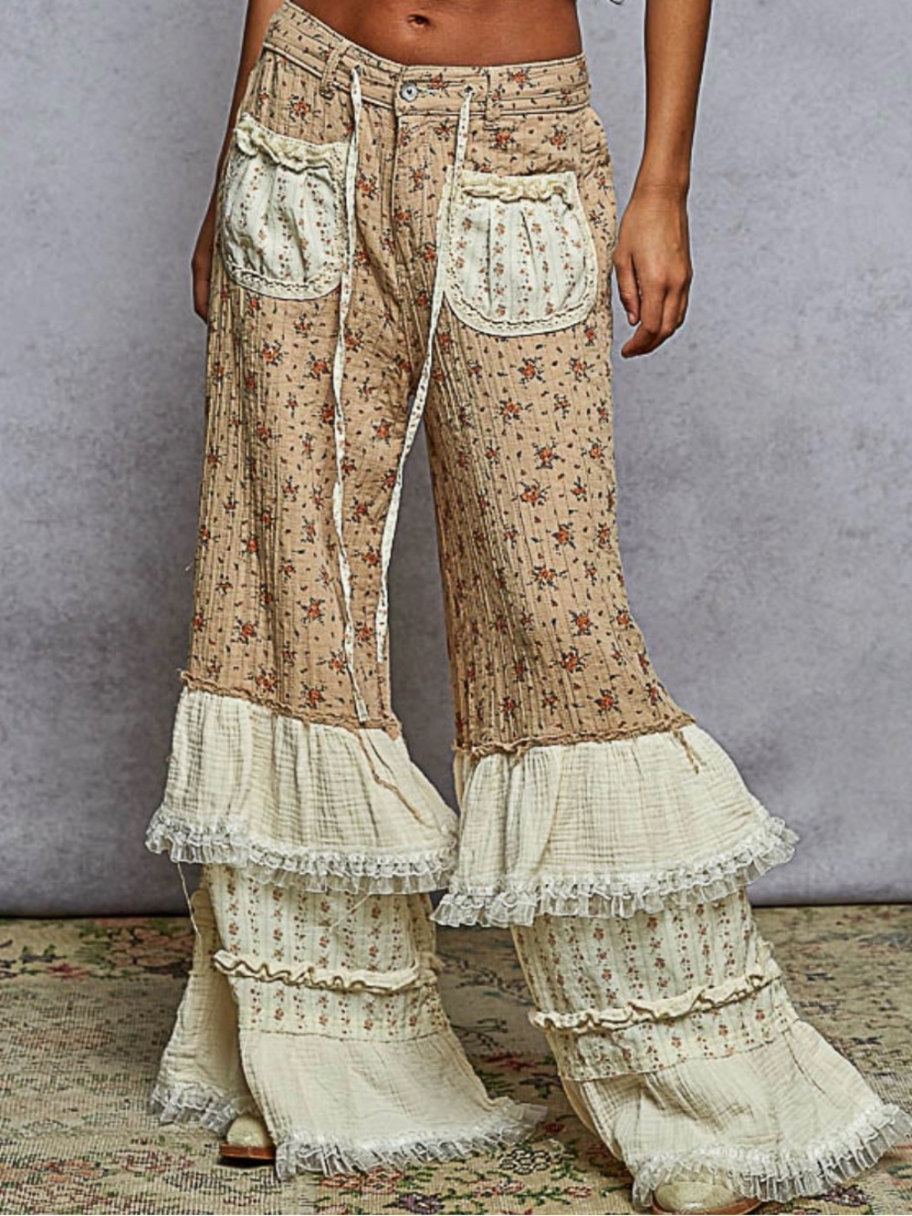 Bohemian Ruffle Wide-Leg Pants in Tan & Cream
